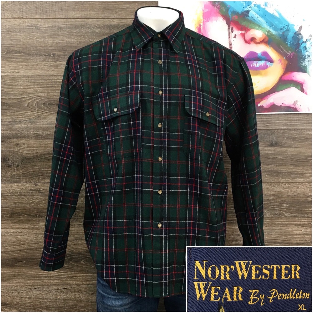 Nor'Wester Wear By Pendleton Mens XL Green Plaid Wool Blend Flannel Shirt L/S